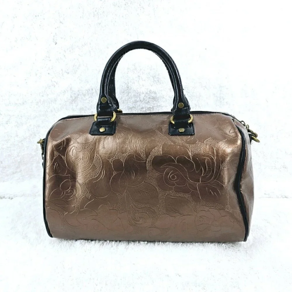 Gigi Hill Metallic Copper Floral Embossed Faux Leather Satchel Crossbody